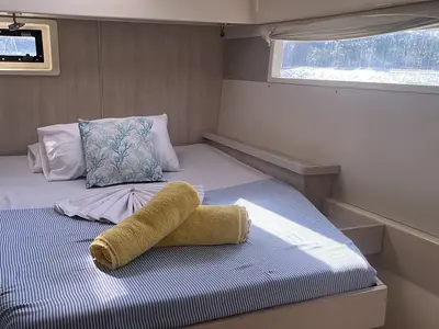 Cabin on Unforgettable, a Leopard 48 catamaran at Eden Island Marina, Seychelles