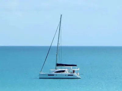 Exterior view of Unforgettable, a Leopard 48 catamaran at Eden Island Marina, Seychelles