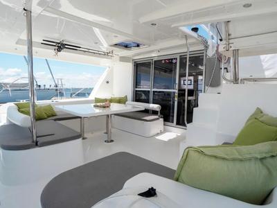 Deck of Unforgettable, a Leopard 48 catamaran at Eden Island Marina, Seychelles