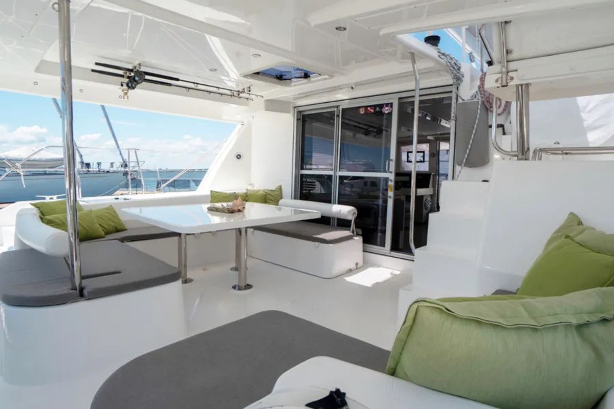 Deck of Unforgettable, a Leopard 48 catamaran at Eden Island Marina, Seychelles