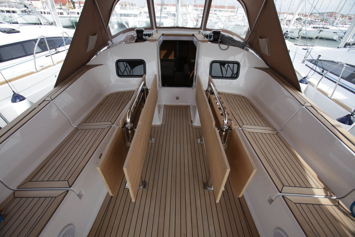 Deck of Kristi, a Elan Impression 45.1 sailboat at Pirovac, Croatia