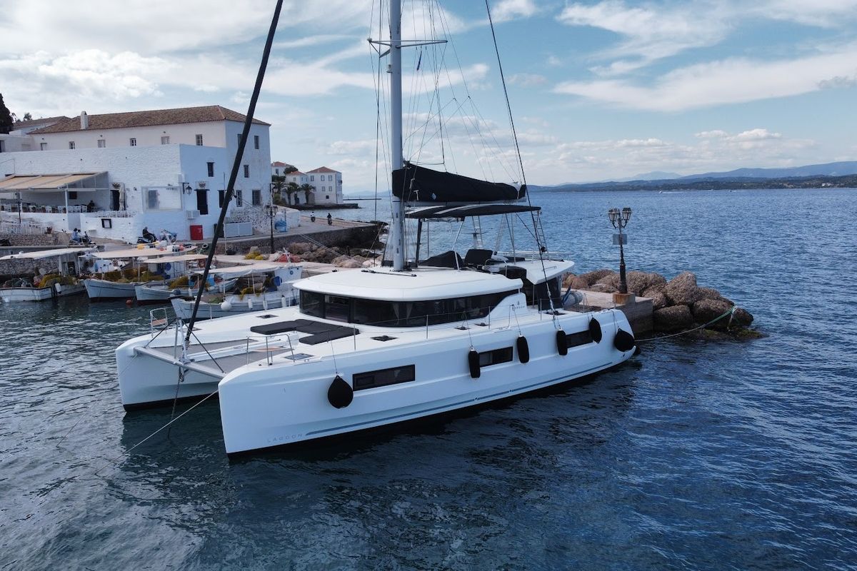 Exterior view of Zen - Green Wave, a Lagoon 46 catamaran at Athens, Greece