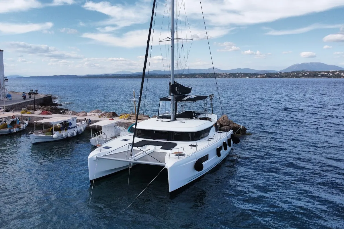 Exterior view of Zen - Green Wave, a Lagoon 46 catamaran at Athens, Greece