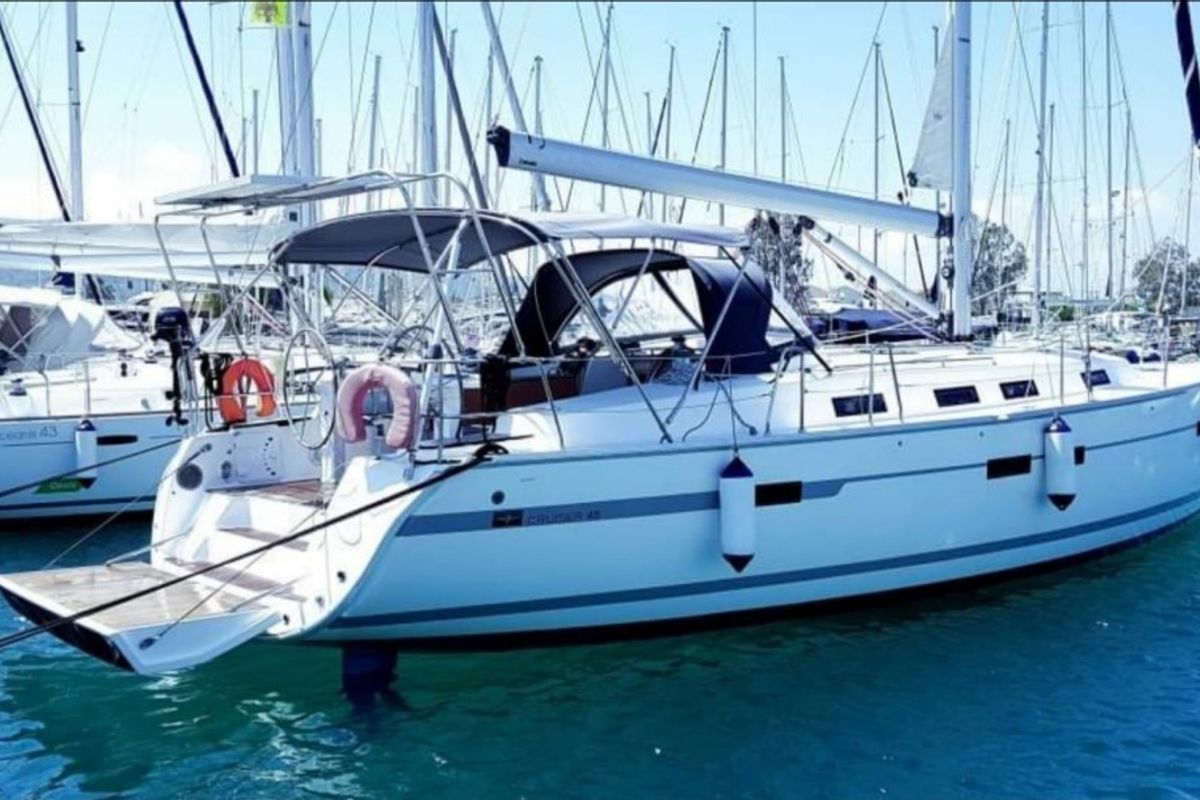 Exterior view of Bimba matta, a Bavaria 45 Cruiser sailboat at Piombino, Italy