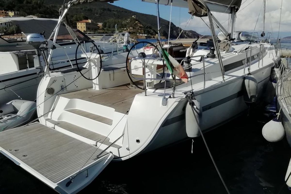 Exterior view of Bimba matta, a Bavaria 45 Cruiser sailboat at Piombino, Italy
