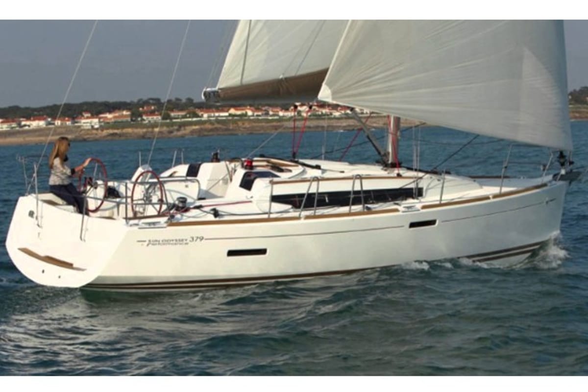 Exterior view of AF-SO379, a Jeanneau Sun Odyssey 379 sailboat at Municipal Unit of Lefkada, Greece