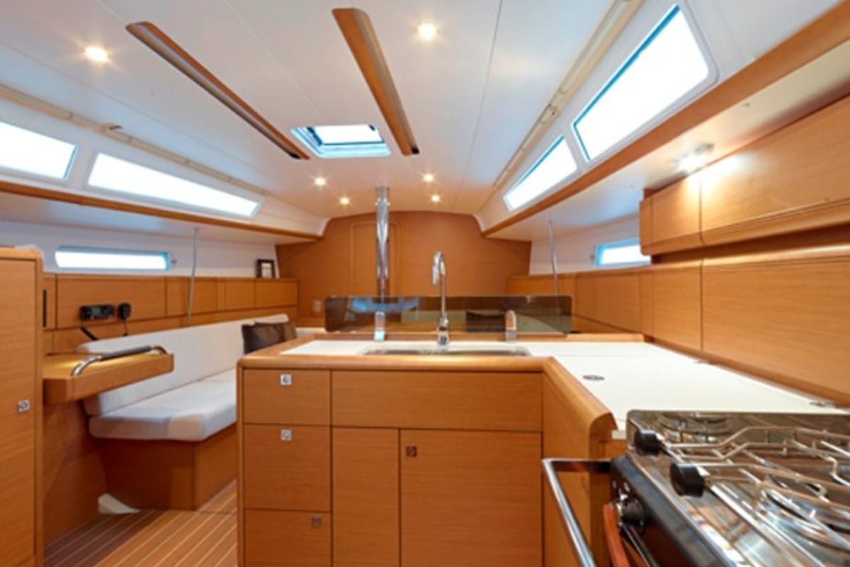Galley of AF-SO379, a Jeanneau Sun Odyssey 379 sailboat at Municipal Unit of Lefkada, Greece
