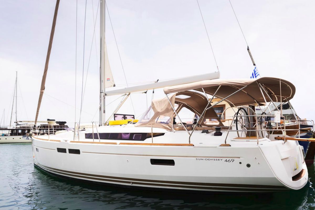 Exterior view of Lemon, a Jeanneau Sun Odyssey 469 sailboat at Preveza, Greece