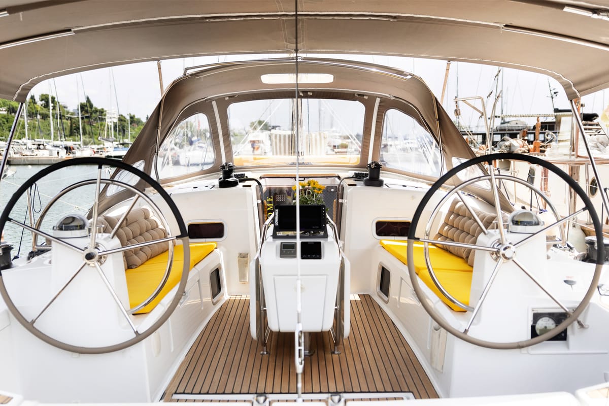 Cockpit of Lemon, a Jeanneau Sun Odyssey 469 sailboat at Preveza, Greece