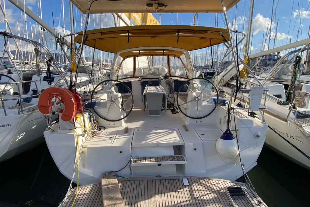Cockpit of IKARIA, a Beneteau Oceanis 41.1 sailboat at Municipal Unit of Nea Peramos, Greece