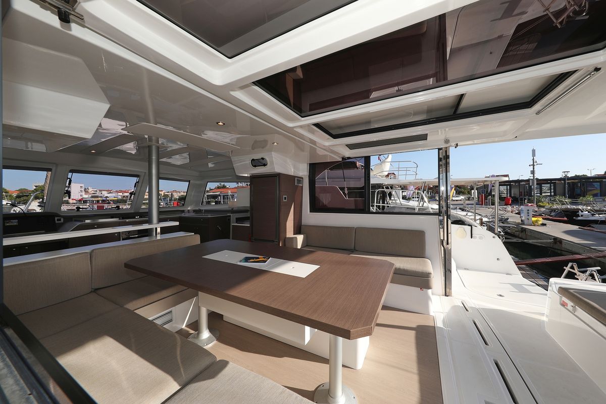 Salon of Gonggong, a Bali Catspace catamaran at Grad Trogir, Croatia