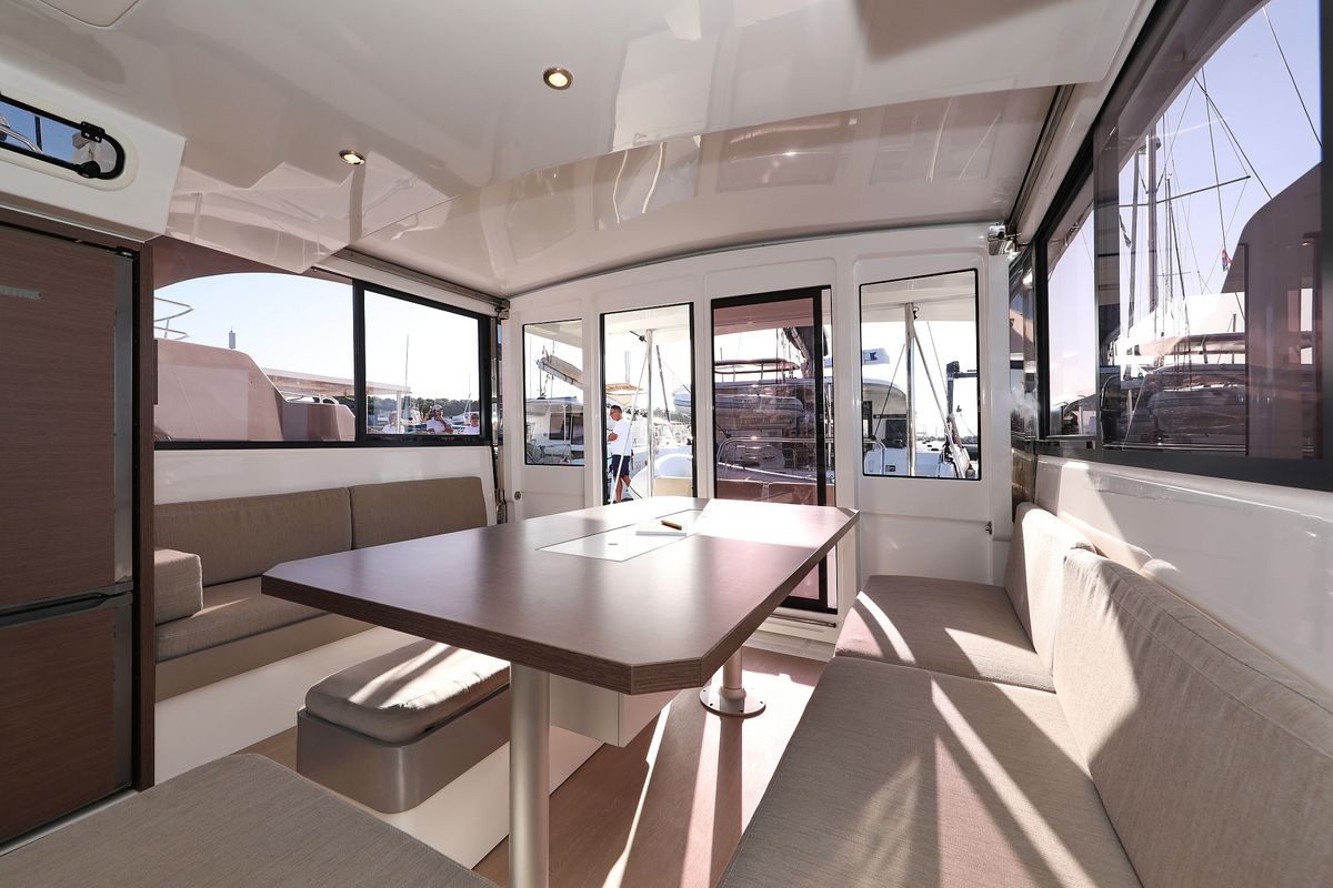 Salon of Gonggong, a Bali Catspace catamaran at Grad Trogir, Croatia