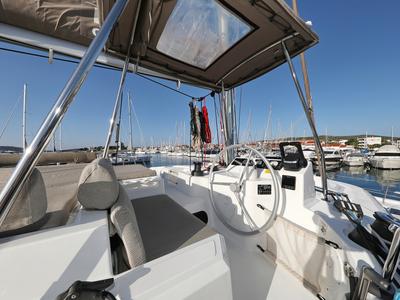 Cockpit of Gonggong, a Bali Catspace catamaran at Grad Trogir, Croatia