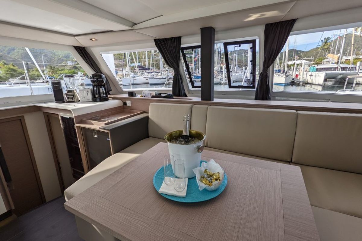 Salon of Hoppy Choppy, a Fountaine Pajot Isla 40 catamaran at Road Town, British Virgin Islands