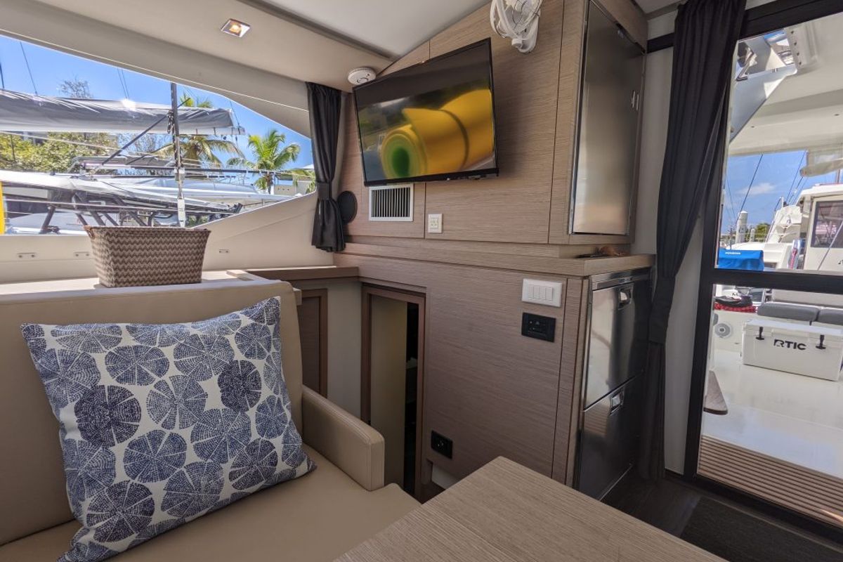 Salon of Hoppy Choppy, a Fountaine Pajot Isla 40 catamaran at Road Town, British Virgin Islands