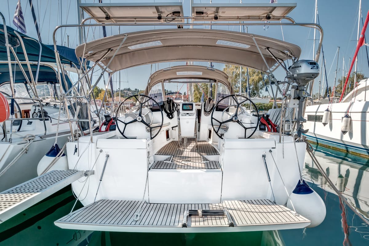 Exterior view of Lionheart, a Jeanneau Sun Odyssey 419 sailboat at Kontokali, Greece