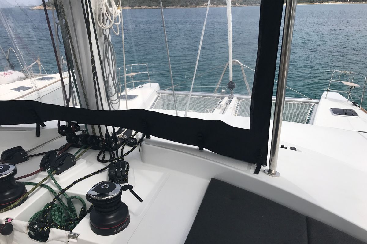 Cockpit of Dugongo II, a Lagoon 52 catamaran at Marigot, France