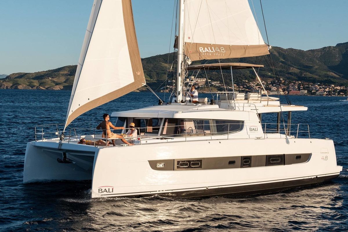 Exterior view of Selena, a Bali 4.8 catamaran at Municipal Unit of Nea Peramos, Greece