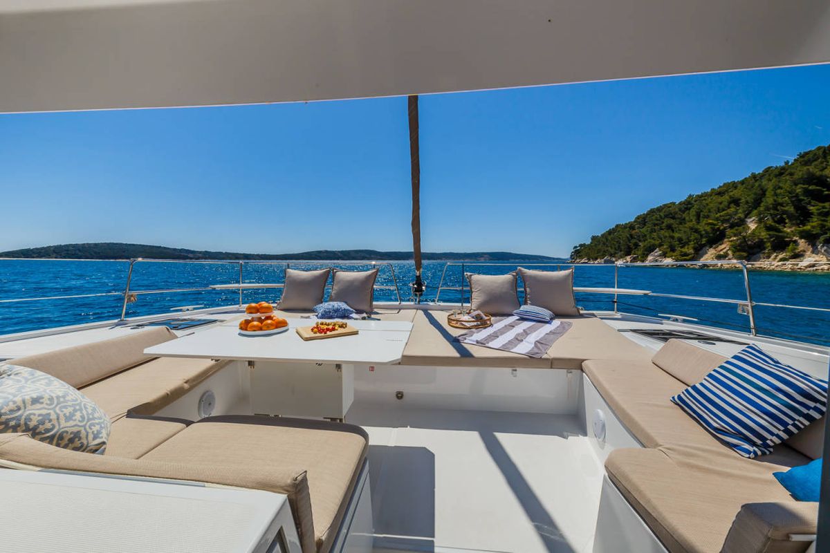 Deck of Selena, a Bali 4.8 catamaran at Municipal Unit of Nea Peramos, Greece