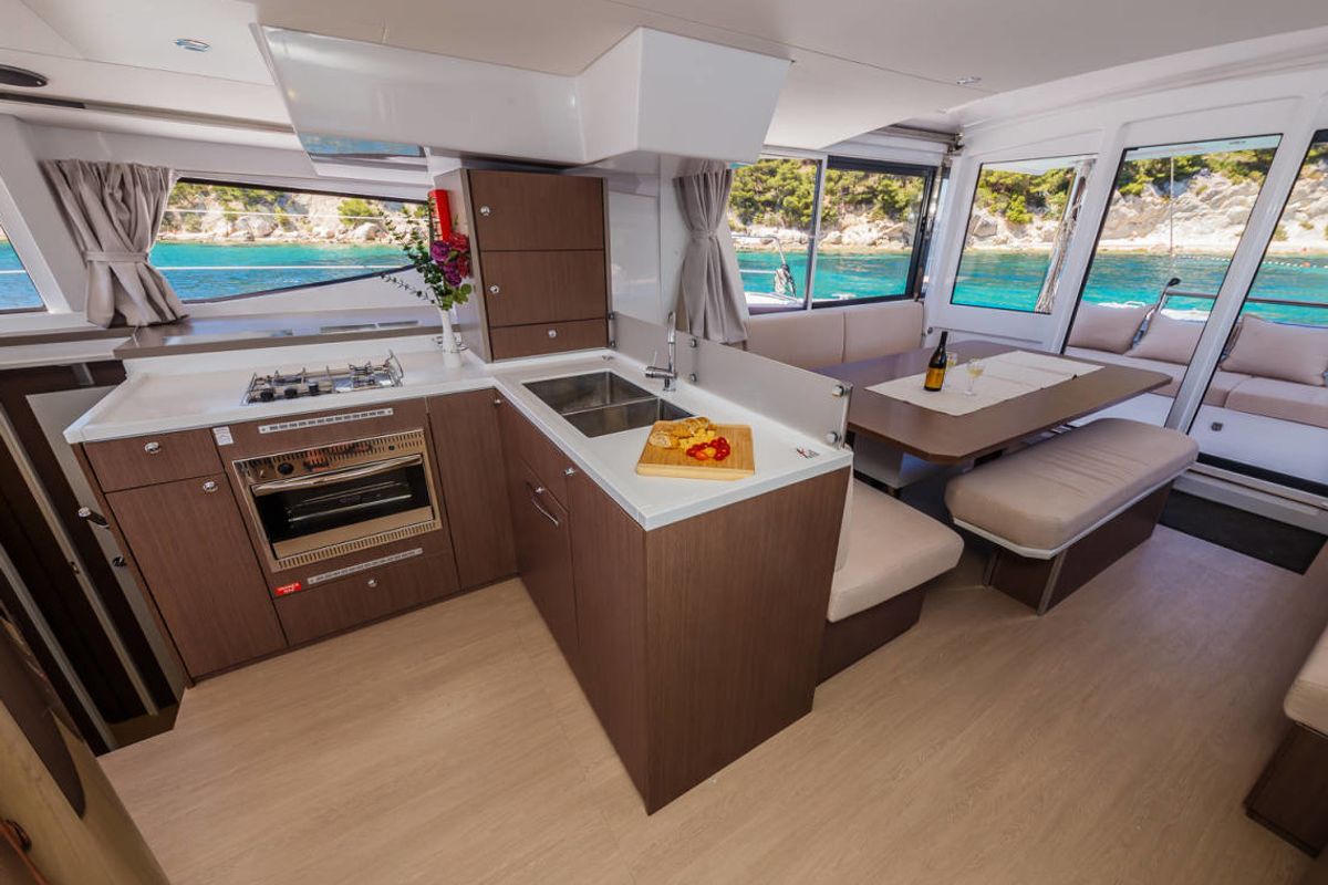 Galley of Selena, a Bali 4.8 catamaran at Municipal Unit of Nea Peramos, Greece