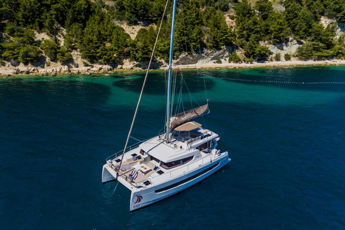 Exterior view of Selena, a Bali 4.8 catamaran at Municipal Unit of Nea Peramos, Greece