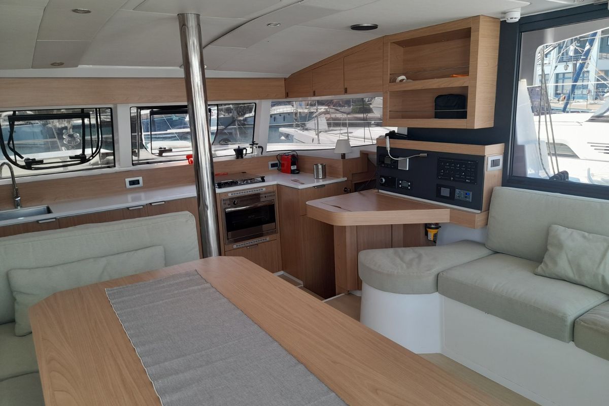 Salon of Marestrella, a Bali Catspace catamaran at Municipal Unit of Lefkada, Greece