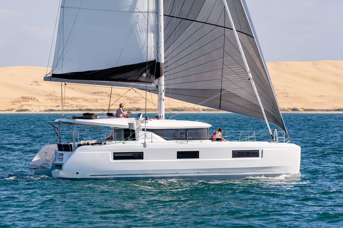 Exterior view of Diamond Seas, a Lagoon 46 catamaran at Athens, Greece