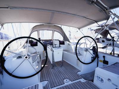 Cockpit of Amor Fati, a Jeanneau Sun Odyssey 379 sailboat at Municipal Unit of Lefkada, Greece