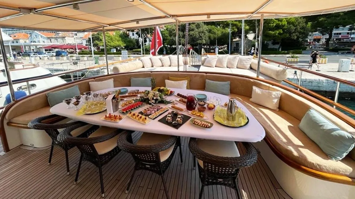 Deck of CARPEDIEM CORAL, a Gulet Custom built 183 yacht at Bodrum, Turkey