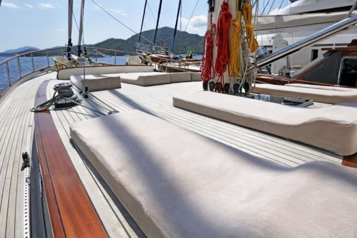 Deck of CARPEDIEM CORAL, a Gulet Custom built 183 yacht at Bodrum, Turkey