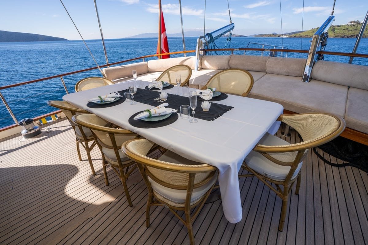 Deck of CARPEDIEM CORAL, a Gulet Custom built 183 yacht at Bodrum, Turkey