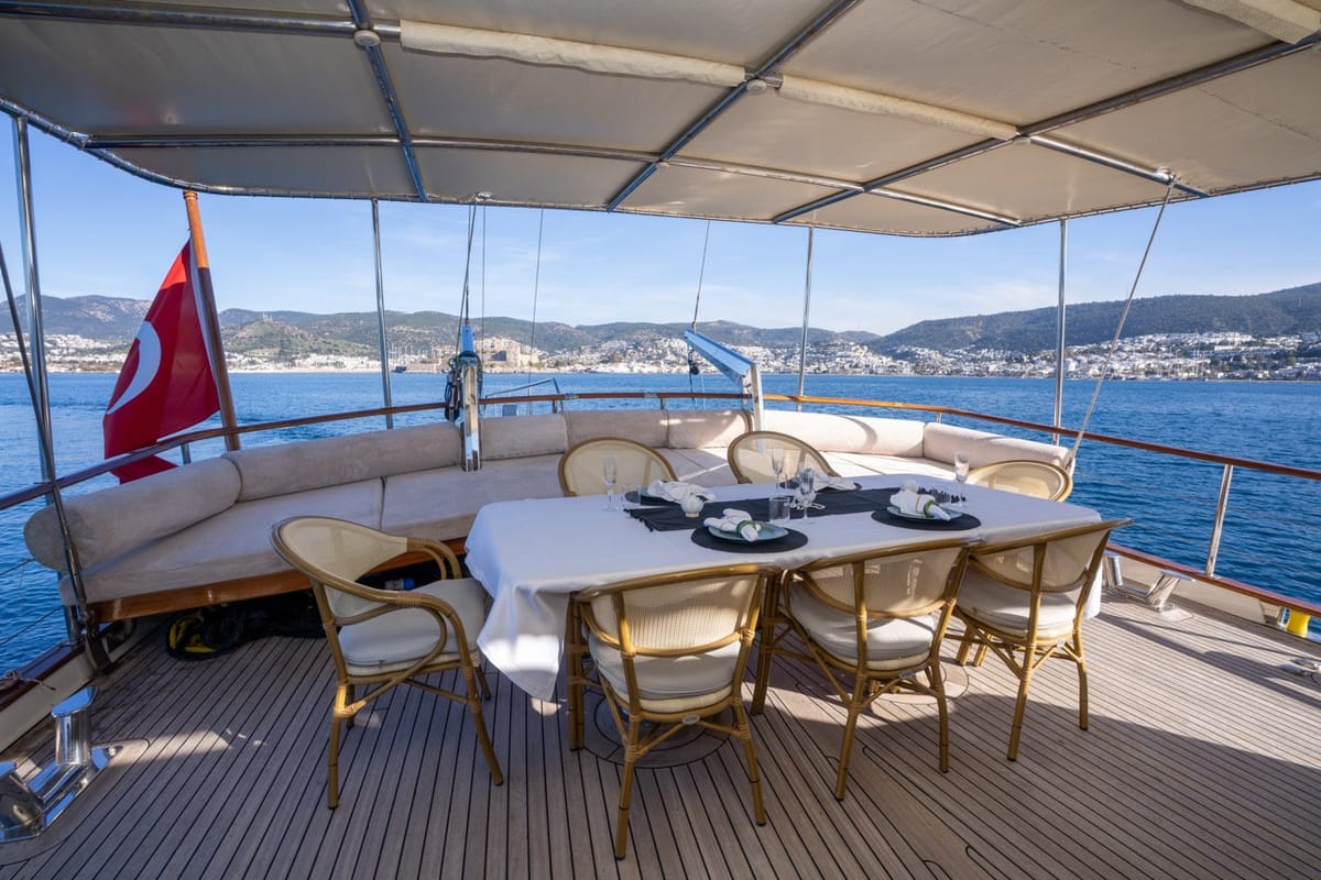 Deck of CARPEDIEM CORAL, a Gulet Custom built 183 yacht at Bodrum, Turkey