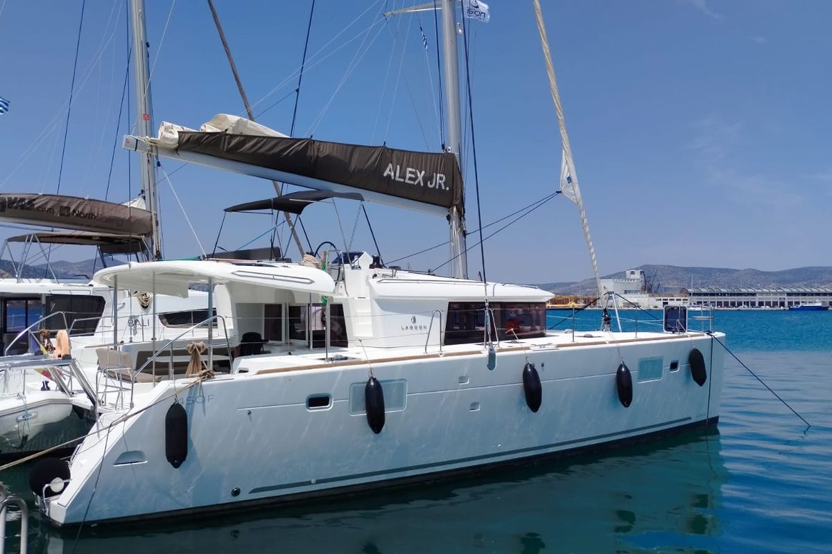 Exterior view of Alex Jr., a Lagoon 450 Fly catamaran at Volos Municipality, Greece