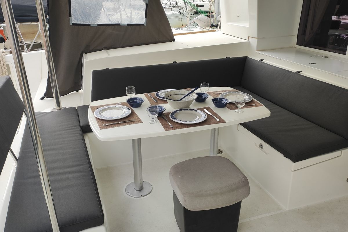 Deck of Alex Jr., a Lagoon 450 Fly catamaran at Volos Municipality, Greece