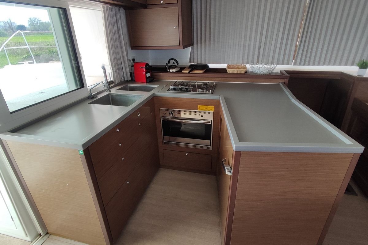 Galley of Alex Jr., a Lagoon 450 Fly catamaran at Volos Municipality, Greece