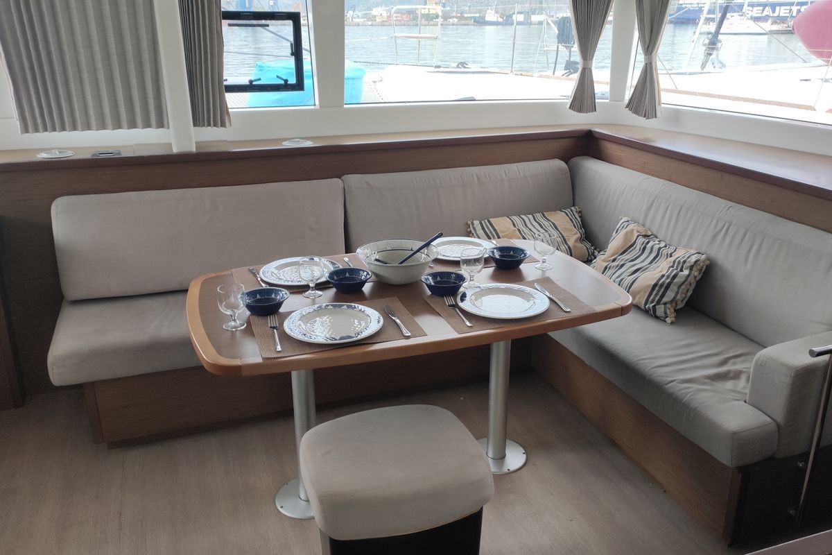 Salon of Alex Jr., a Lagoon 450 Fly catamaran at Volos Municipality, Greece