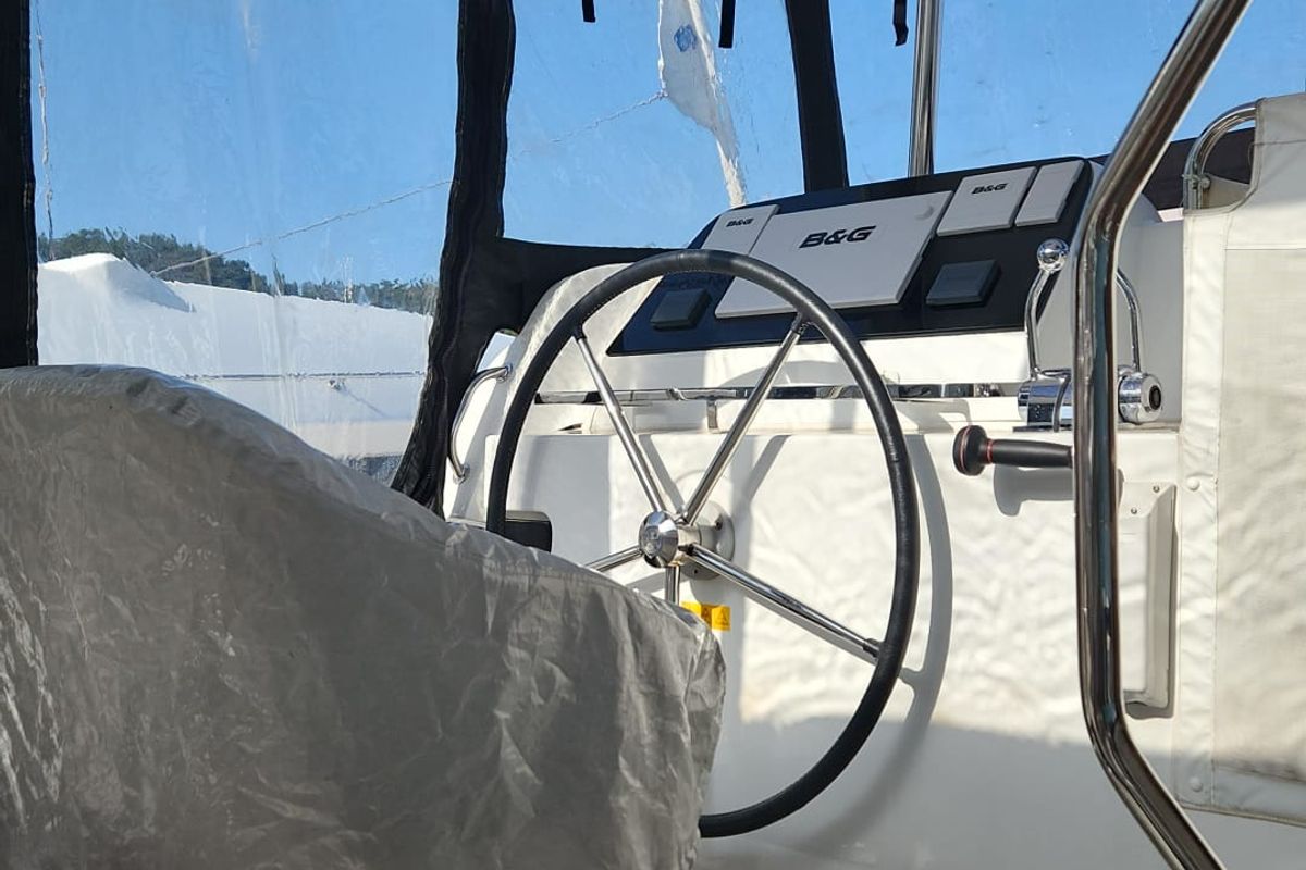 Cockpit of Kairos, a Lagoon 42 catamaran at Marmaris, Turkey