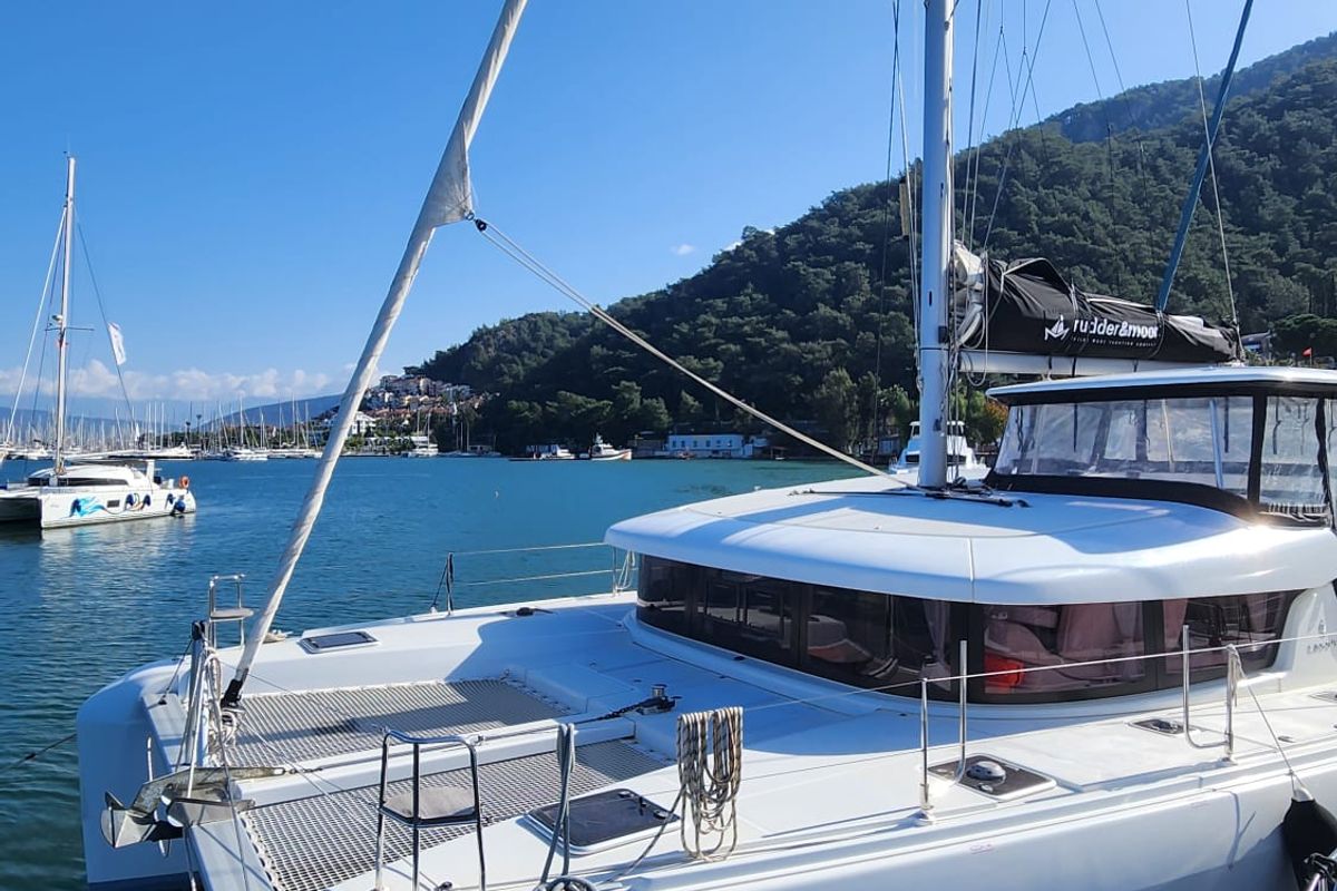 Exterior view of Kairos, a Lagoon 42 catamaran at Marmaris, Turkey