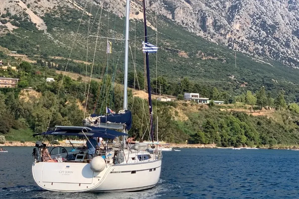 Exterior view of Captain John, a Bavaria 46 Cruiser sailboat at Municipal Unit of Lefkada, Greece