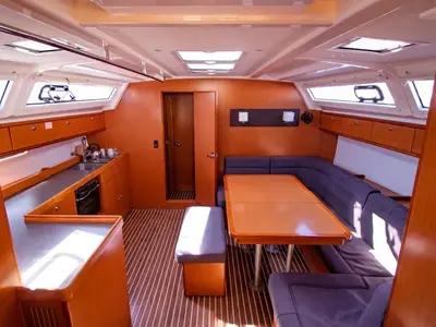 Salon of Captain John, a Bavaria 46 Cruiser sailboat at Municipal Unit of Lefkada, Greece