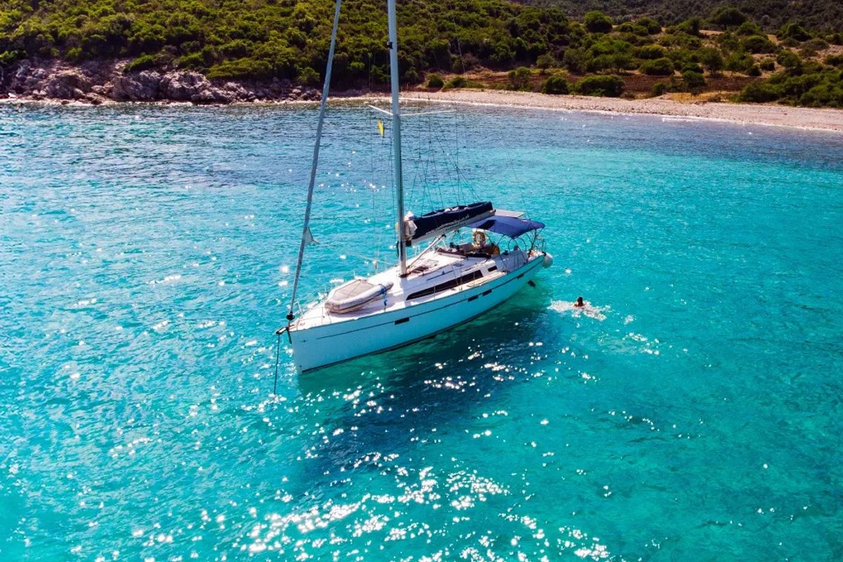 Exterior view of Captain John, a Bavaria 46 Cruiser sailboat at Municipal Unit of Lefkada, Greece