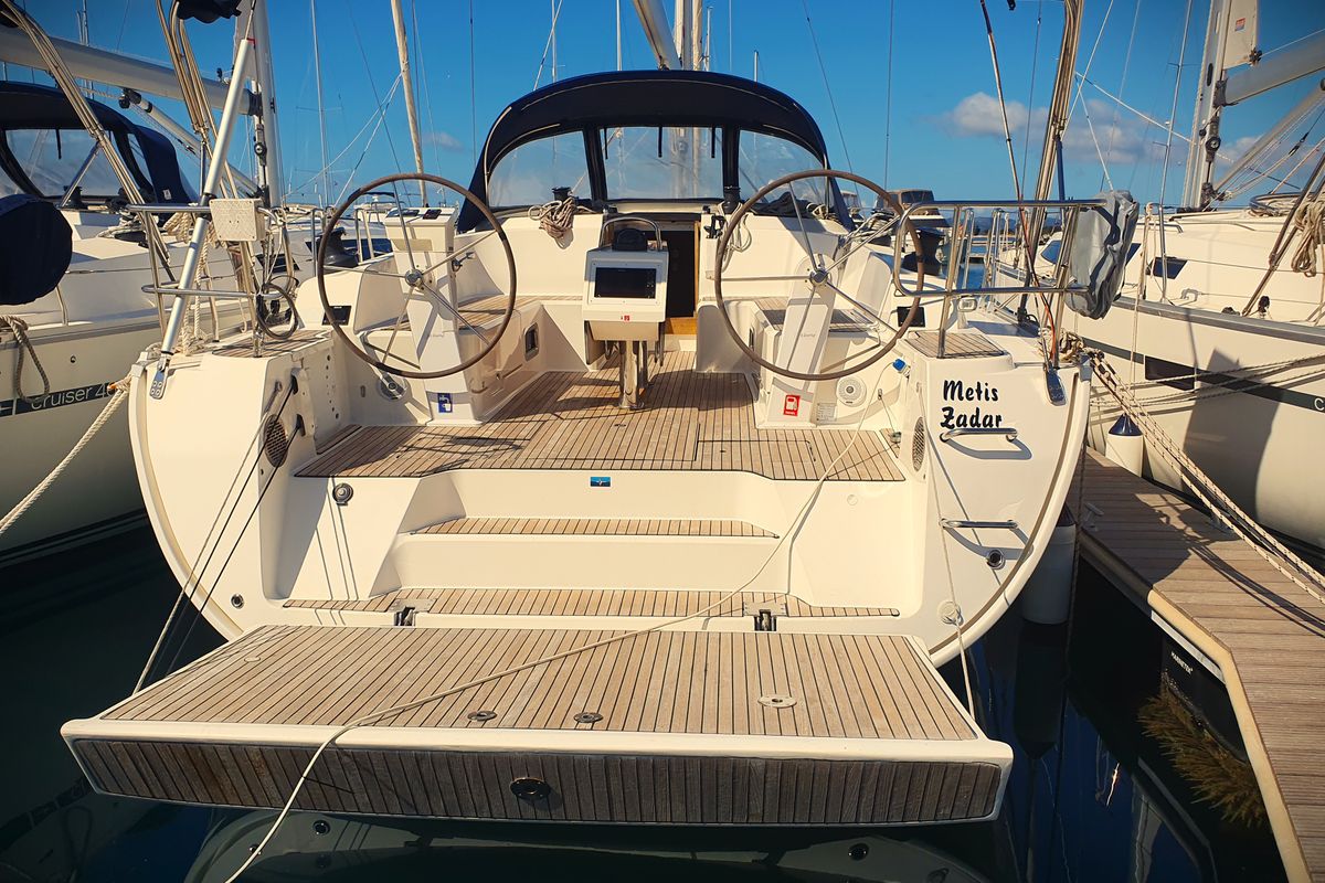 Exterior view of Metis, a Bavaria Cruiser 46 sailboat at Općina Pakoštane, Croatia