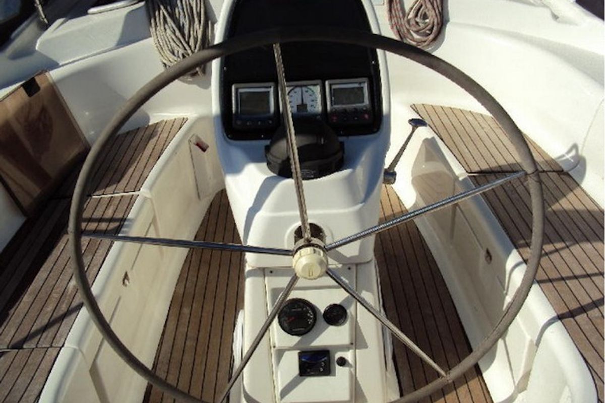 Cockpit of Marja, a Bavaria 39 Cruiser sailboat at Trget, Croatia