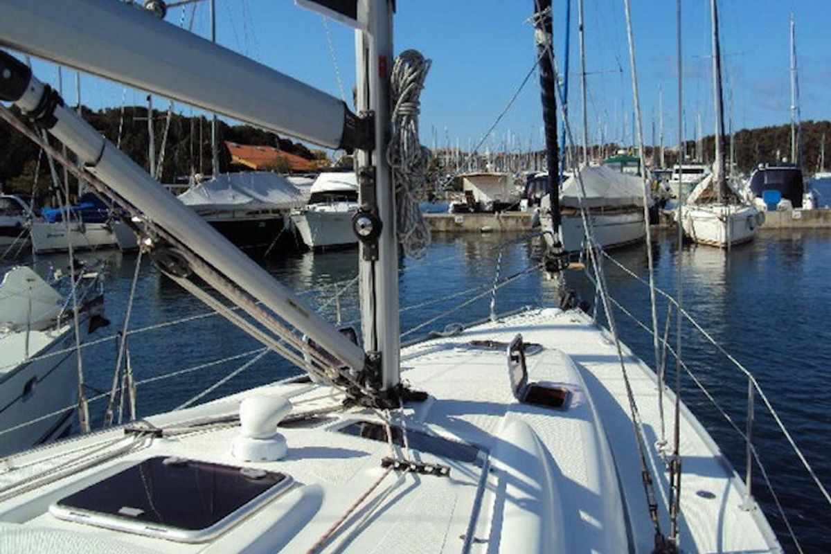 Deck of Marja, a Bavaria 39 Cruiser sailboat at Trget, Croatia