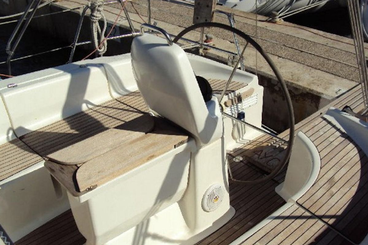 Cockpit of Marja, a Bavaria 39 Cruiser sailboat at Trget, Croatia