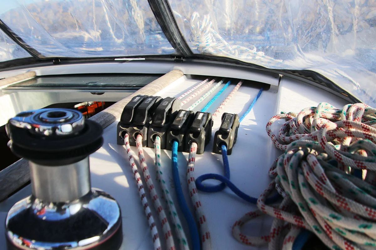 Deck of Tizef, a Beneteau Oceanis 40 sailboat at Saint-Cast-le-Guildo, France