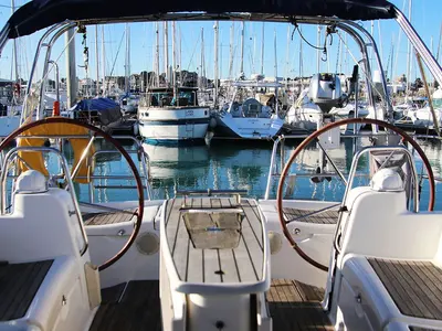 Cockpit of Tizef, a Beneteau Oceanis 40 sailboat at Saint-Cast-le-Guildo, France