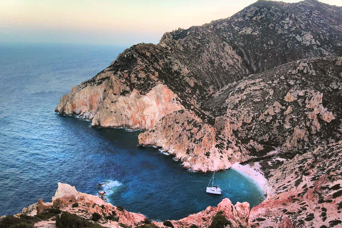 Exterior view of Aktaia, a Lagoon 42 catamaran at Agios Stefanos, Greece