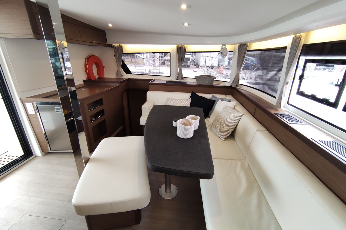 Salon of Aktaia, a Lagoon 42 catamaran at Agios Stefanos, Greece