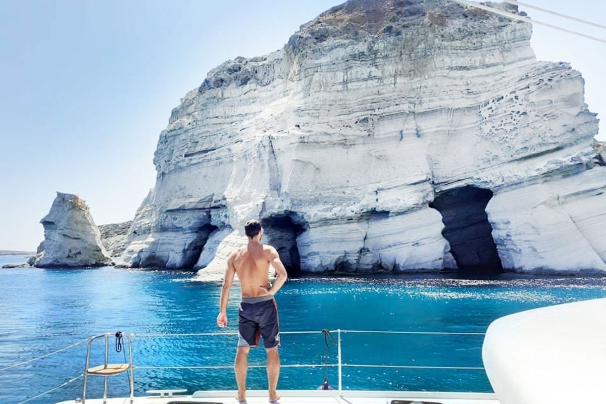 Exterior view of Aktaia, a Lagoon 42 catamaran at Agios Stefanos, Greece